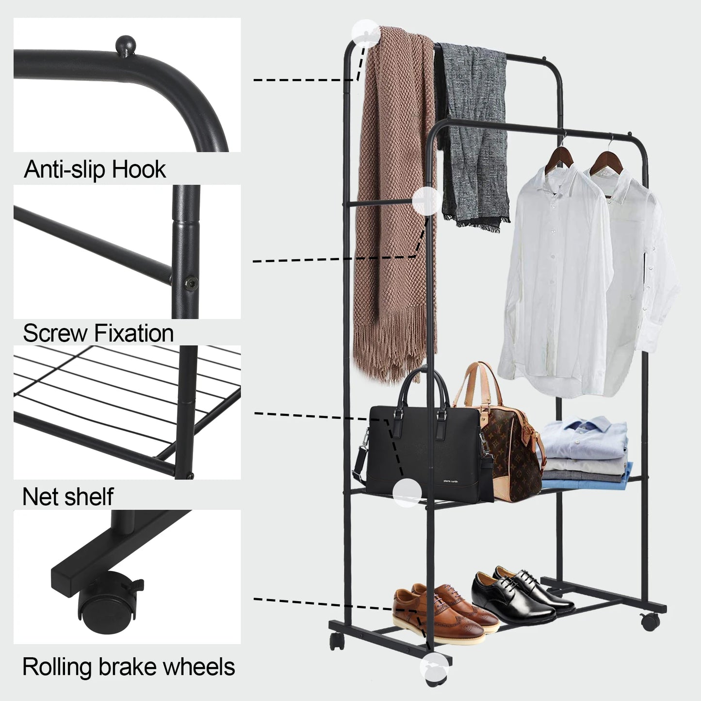 Double Rail Rolling Clothes and Shoes Rack