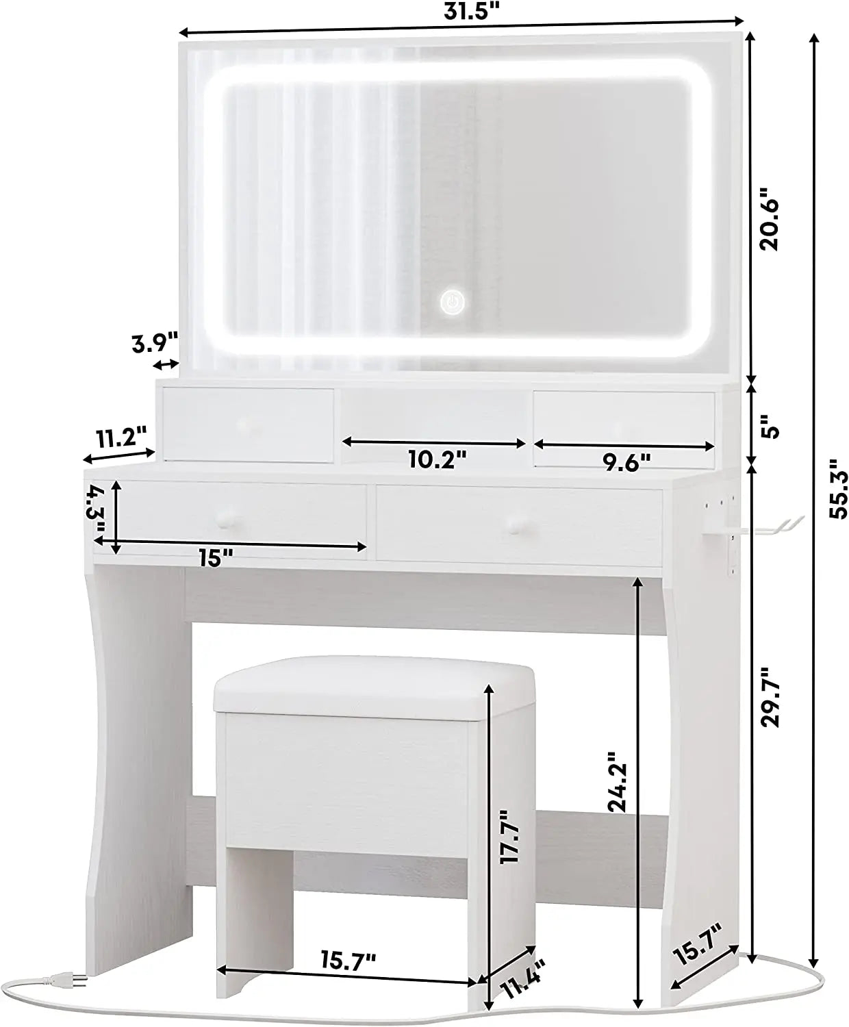 Vanity Desk with LED Mirror & Power Outlet