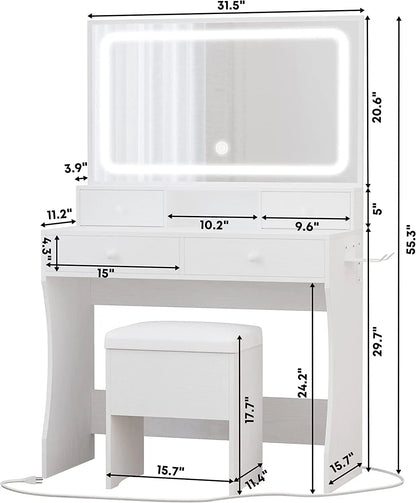 Vanity Desk with LED Mirror & Power Outlet