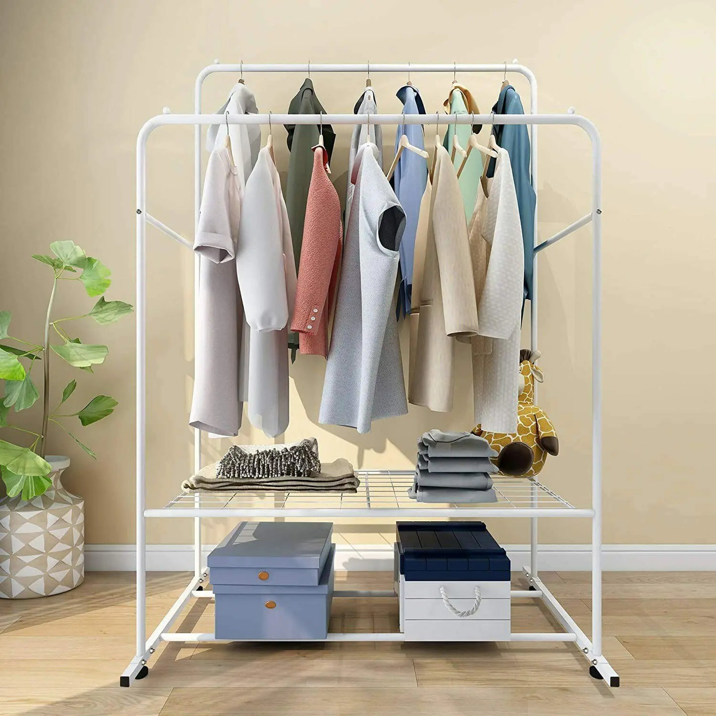 Double Rail Rolling Clothes and Shoes Rack