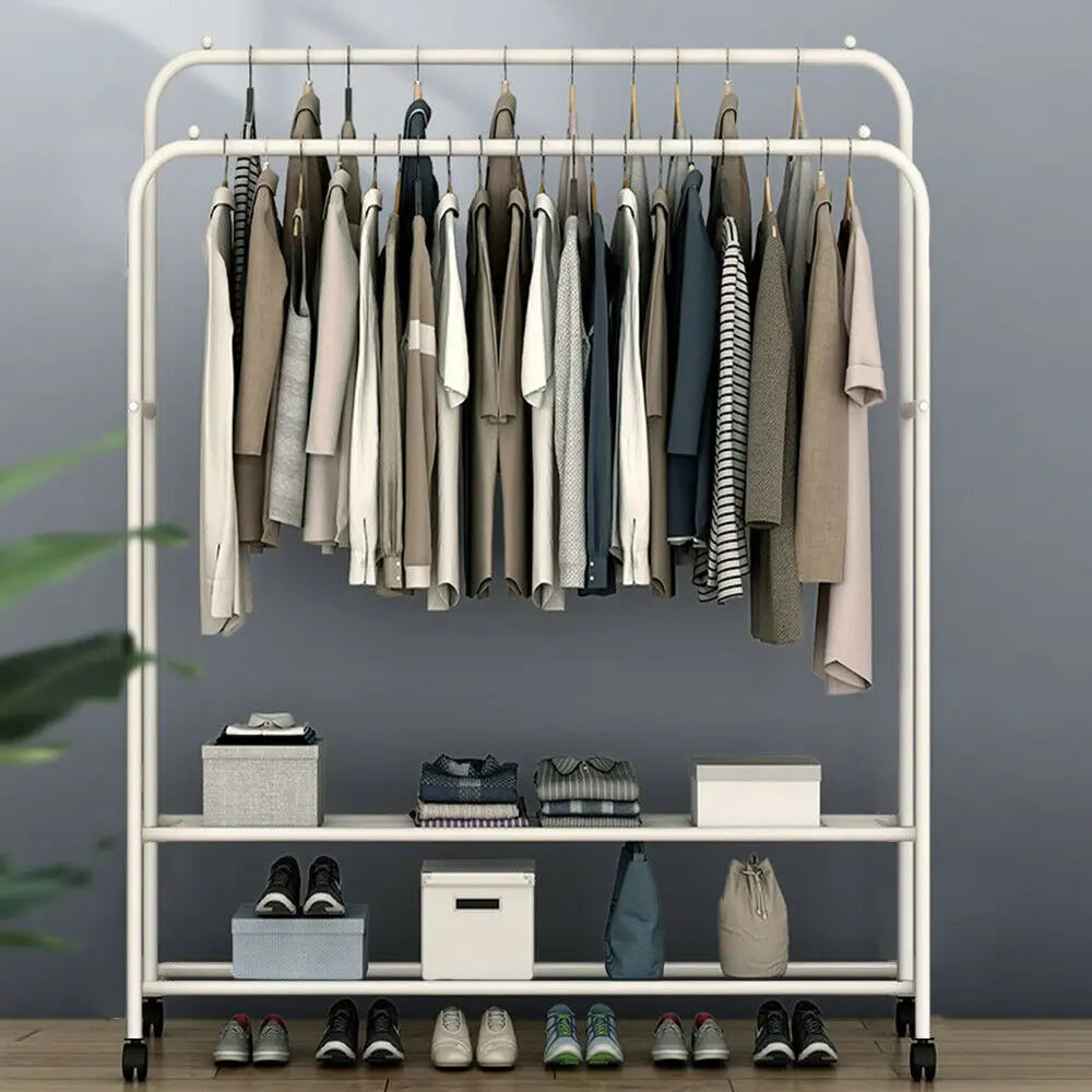 Double Rail Rolling Clothes and Shoes Rack